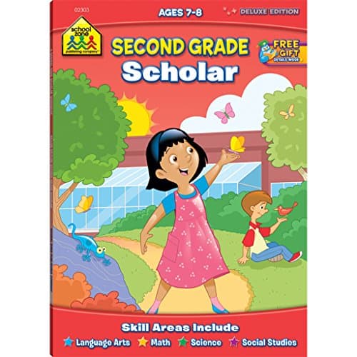 Book cover for School Zone Second Grade Scholar Workbook: 64 Pages, 2nd Grade, Language Arts, Math, Science, Coin Values, Telling Time, Critical Thinking, Ages 7 to 8 by School Zone