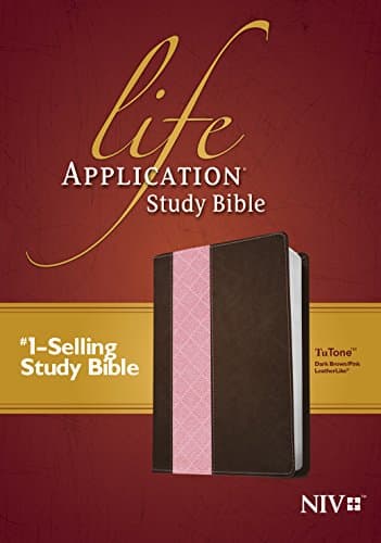 Book cover for NIV Life Application Study Bible, Second Edition, TuTone (Red Letter, LeatherLike, Dark Brown/Pink) by Tyndale