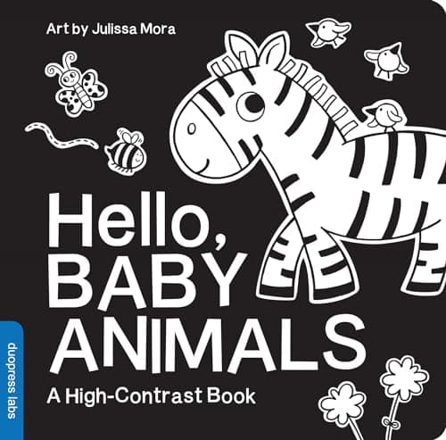 Book cover for Hello, Baby Animals: A Black-and-White Board Book for Babies That Helps Visual Development (High-Contrast Books) by duopress labs