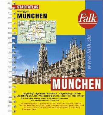 Book cover for Städteatlas Grossraum München mit Augsburg-Ingolstadt-Rosenheim-Regensburg: 1:20.000 (Falk Plan) (German Edition) by Falk-Verlag